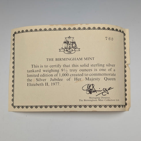 1977年 英国エリザベスⅡ世 戴冠25周年ジュビリー  純銀製マグカップ 302g Birmingham Mint 箱・説明書付き 極美品